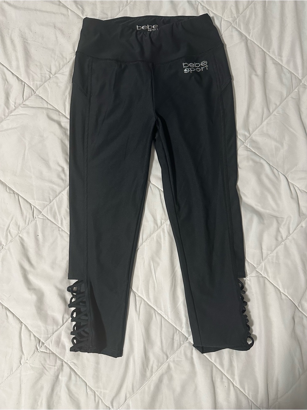 bebe Sport Black Capri Leggings with Lace-Up Hem